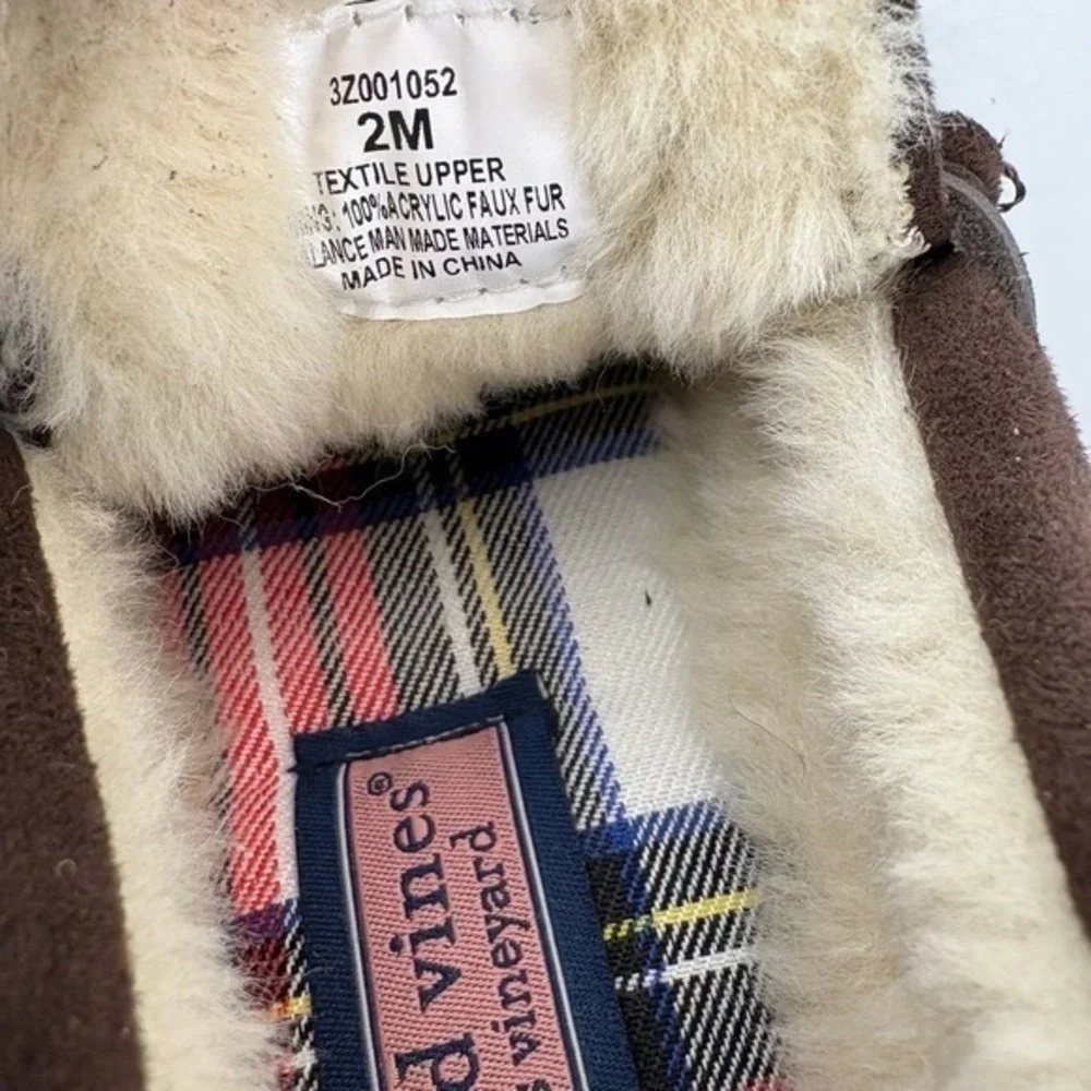 Vineyard Vines Kids 2M Brown Moccasin Slippers Faux Suede Faux Fur Lining